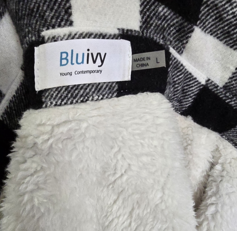 Bluivy Plaid Sherpa Lined Black/White Checkered Shacket Sz L - Picture 9 of 10